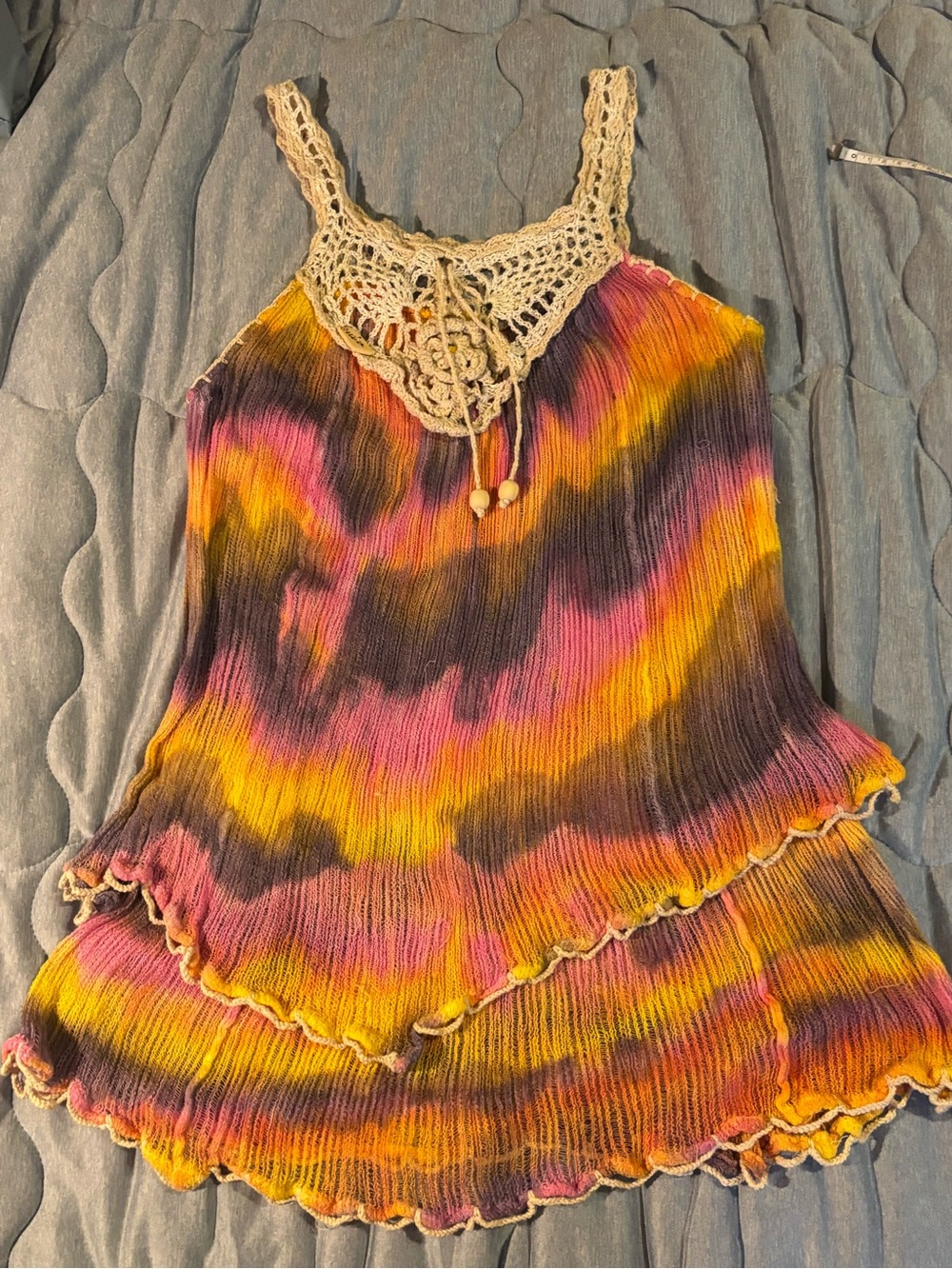 Boho Crochet-Trim Tie-Dye Tank Top in Pink, Yellow & violet